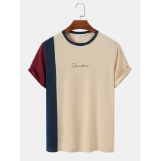 Mens Asymmetric Colorblock Letter Printed Short Sleeve T  Shirts