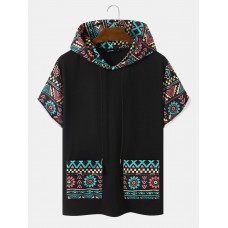 Mens Tribal Geometric Print Patchwork Double Pocket Short Sleeve Hooded T  Shirts