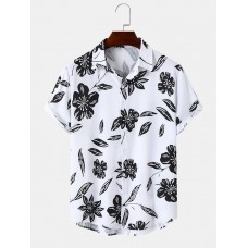 Mens Monochrome Floral Print Button Up Short Sleeve Shirts