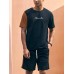 Mens Letter Embroidery Knitted Patchwork Crew Neck Short Sleeve Two Pieces Outfits