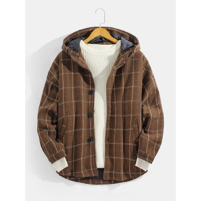 Mens Plaid Button Up Slant Pocket Woolen Cloth Hooded Jacket