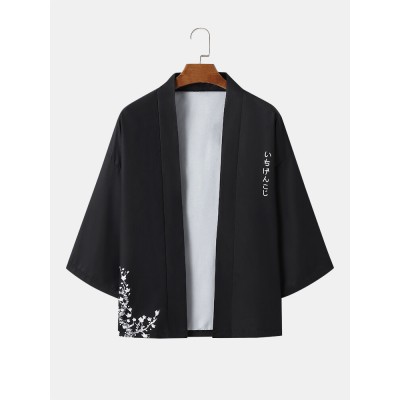 Mens Monochrome Japanese Floral Print 3 4 Sleeve Kimono