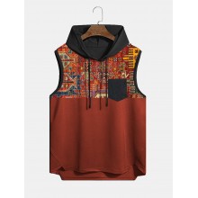 Mens Vintage Geometric Print Stitching Hem Sleeveless Hooded Tanks