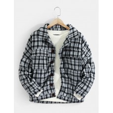 Mens Plaid Double Pockets Woolen Thick Button Lapel Casual Jacket