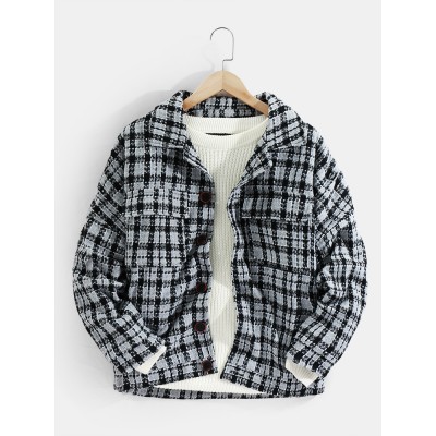 Mens Plaid Double Pockets Woolen Thick Button Lapel Casual Jacket