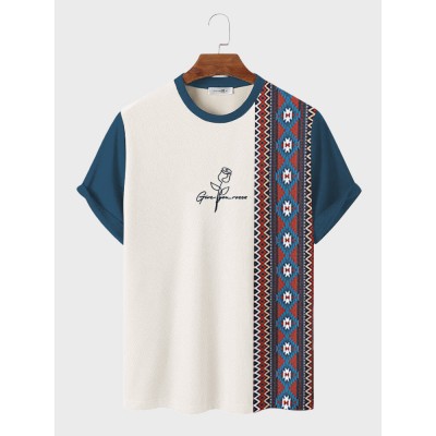 Mens Argyle Rose Print Crew Neck Ethnic Short Sleeve T  Shirts