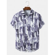 Mens Halloween Figure Skeleton Print Button Up Short Sleeve Shirts