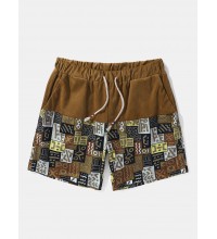 Mens Tribal Pattern Patchwork Ethnic Style Corduroy Drawstring Shorts