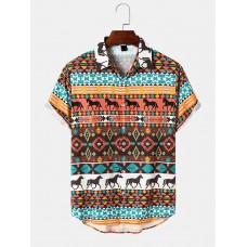 Mens Horse Graphic Geometric Ethnic Short Sleeve Shirts